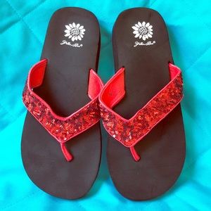 yellow box red sequin flip flops